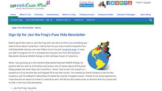 Sign Up for Javi the Frog's Pura Vida Newsletter - Go Visit Costa Rica