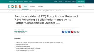 Fonds de solidarité FTQ Posts Annual Return of 7.5% Following a ...