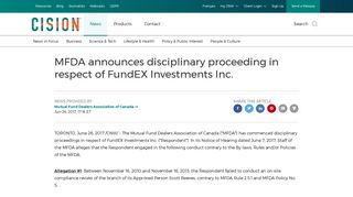 MFDA announces disciplinary proceeding in respect of FundEX ...