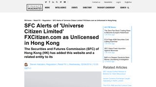 SFC Alerts of 'Universe Citizen Limited' FXCitizen.com as Unlicensed ...