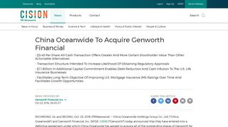 China Oceanwide To Acquire Genworth Financial - PR Newswire