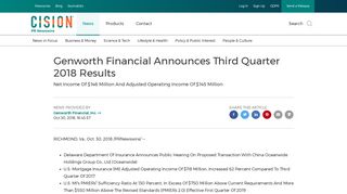 Genworth Financial Announces Third Quarter 2018 Results