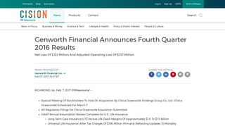 Genworth Financial Announces Fourth Quarter 2016 Results