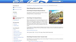 Giant Bingo Bonus And Code - Bingo VG