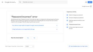 “Password incorrect” error - Google Account Help - Google Support