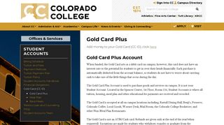 Gold Card Plus • Student Accounts Colorado College
