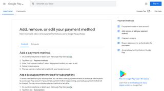 Add, remove, or edit your payment method - Android - Google Play Help
