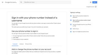 Sign in with your phone number instead of a username - Google Support