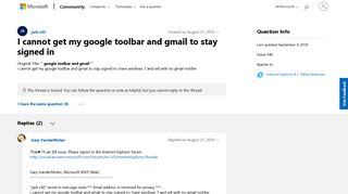 I cannot get my google toolbar and gmail to stay signed in ...