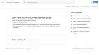 Where to enter your verification code - Google My Business Help