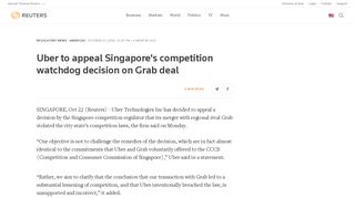 Uber to appeal Singapore's competition watchdog decision on Grab deal