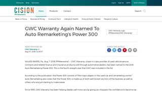 GWC Warranty Again Named To Auto Remarketing's Power 300