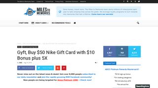 Gyft, Buy $50 Nike Gift Card with $10 Bonus plus 5X - Miles to Memories