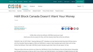 H&R Block Canada Doesn't Want Your Money - Canada NewsWire