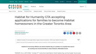 Habitat for Humanity GTA accepting applications ... - Canada Newswire