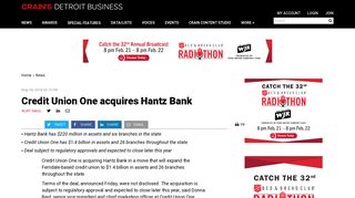 Credit Union One acquires Hantz Bank - Crain's Detroit Business