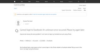 Cannot login to Facebook: An unknown erro… - Apple Community