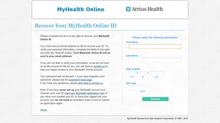 MyHealth Online - Login Recovery Page