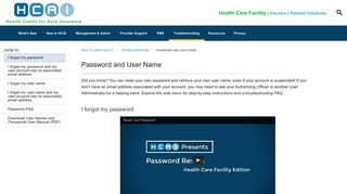 Health Care Facility - Troubleshooting - Password and User Name