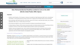 Glen Richards-Backed Healthia Limited to List on the ... - Business Wire