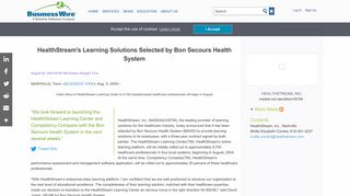 HealthStream's Learning Solutions Selected by Bon Secours Health ...