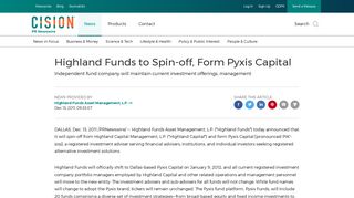 Highland Funds to Spin-off, Form Pyxis Capital - PR Newswire