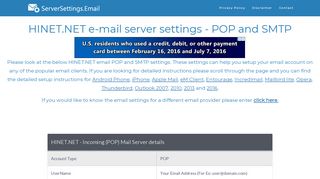 HINET.NET email server settings - POP and SMTP - ServerSettings ...