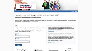 Hochschulstart - applicant portal Log In