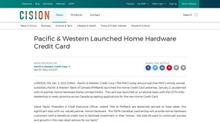 CNW | Pacific & Western Launched Home Hardware Credit Card