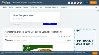 Hometown Buffet: Buy 1 Get 1 Free Dinner (Text Offer) - Hip2Save