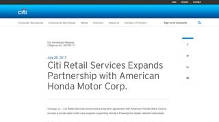 Citi Retail Services Expands Partnership with American Honda Motor ...
