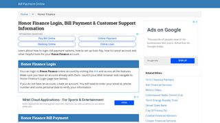 Honor Finance Login, Bill Payment & Customer Support Information
