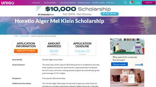 Horatio Alger Mel Klein Scholarship Details - Apply Now | Unigo