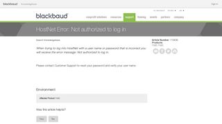 HostNet Error: Not authorized to log in - Blackbaud Knowledgebase