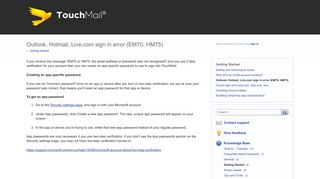 Outlook, Hotmail, Live.com sign in error (EM70, HM75) – TouchMail ...