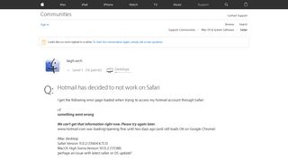 Hotmail has decided to not work on Safari - Apple Community ...