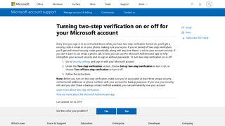 Turning two-step verification on or off for your Microsoft account
