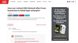 How can I unlock MSN Hotmail after it was locked due to failed login ...