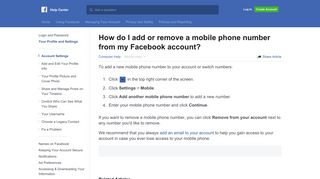 How do I add or remove a mobile phone number from my Facebook ...