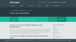 How do I connect to a MySQL database using phpMyAdmin?HostMySite
