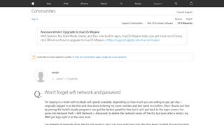 Won't forget wifi network and password - Apple Community