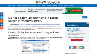 Do not display last username in Logon Screen in Windows 10/8/7