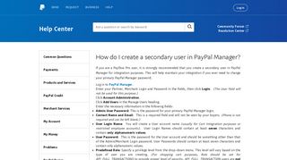 How do I create a secondary user in PayPal Manager?