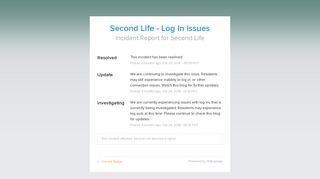 Second Life Status - Second Life - Log In Issues