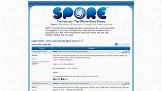 Login Failed - error connecting to Spore servers - Spore Forum