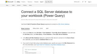 Connect a SQL Server database to your workbook (Power Query) - Excel