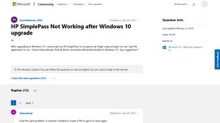 HP SimplePass Not Working after Windows 10 upgrade - Microsoft ...