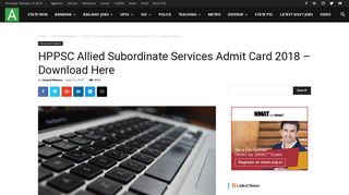 HPPSC Allied Subordinate Services Admit Card 2018 - Download Here