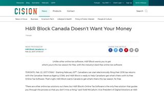 H&R Block Canada Doesn't Want Your Money - Canada Newswire