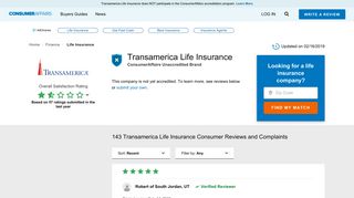 Top 138 Reviews and Complaints about Transamerica Life Insurance